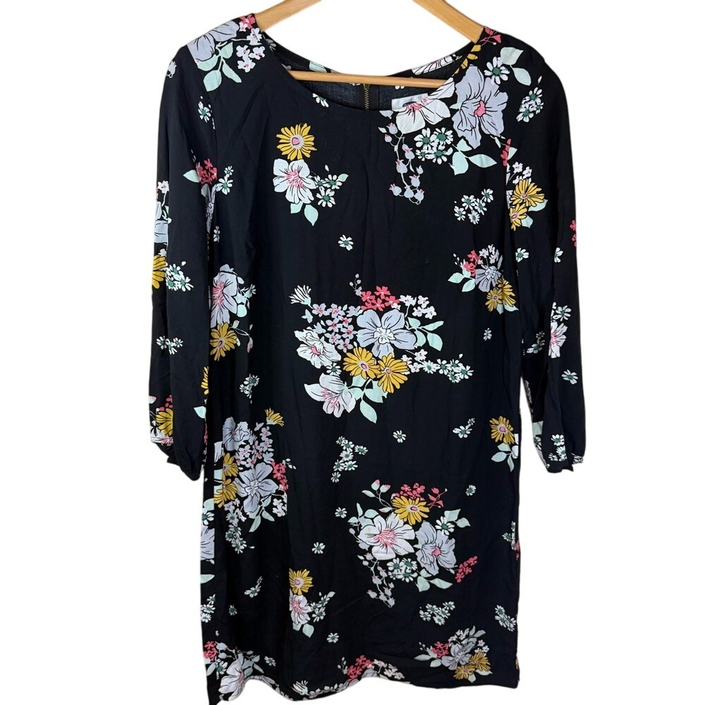 Old Navy Floral 3/4 Sleeve Mini Dress Size Medium Black w/ Flowers Cottagecore